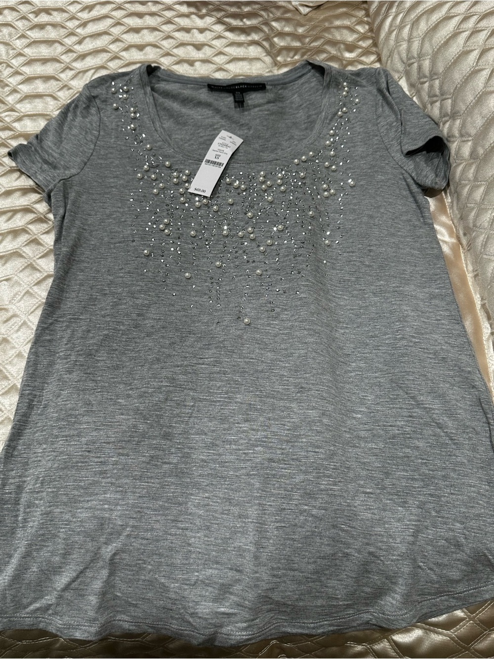 White House Black Market Gray Short Sleeve Tee with Pearl & Rhinestone Detail